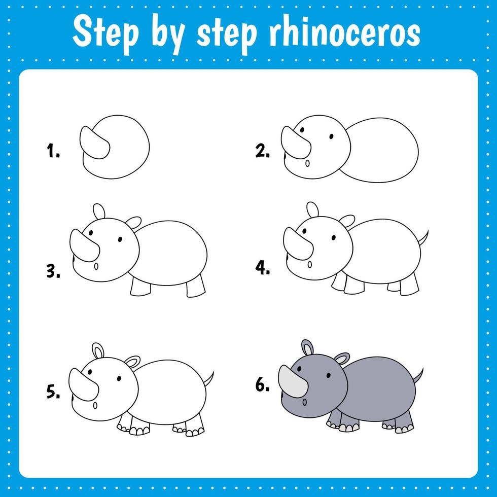 planilha educacional para crianças. ilustração de desenho passo a passo. rinoceronte. página de atividades para a educação pré-escolar. vetor