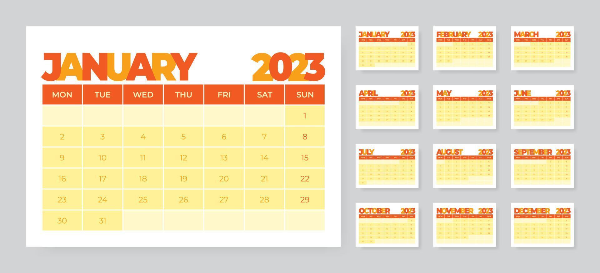 modelo de calendário de mesa mensal para o ano de 2023. semana começa na segunda vetor