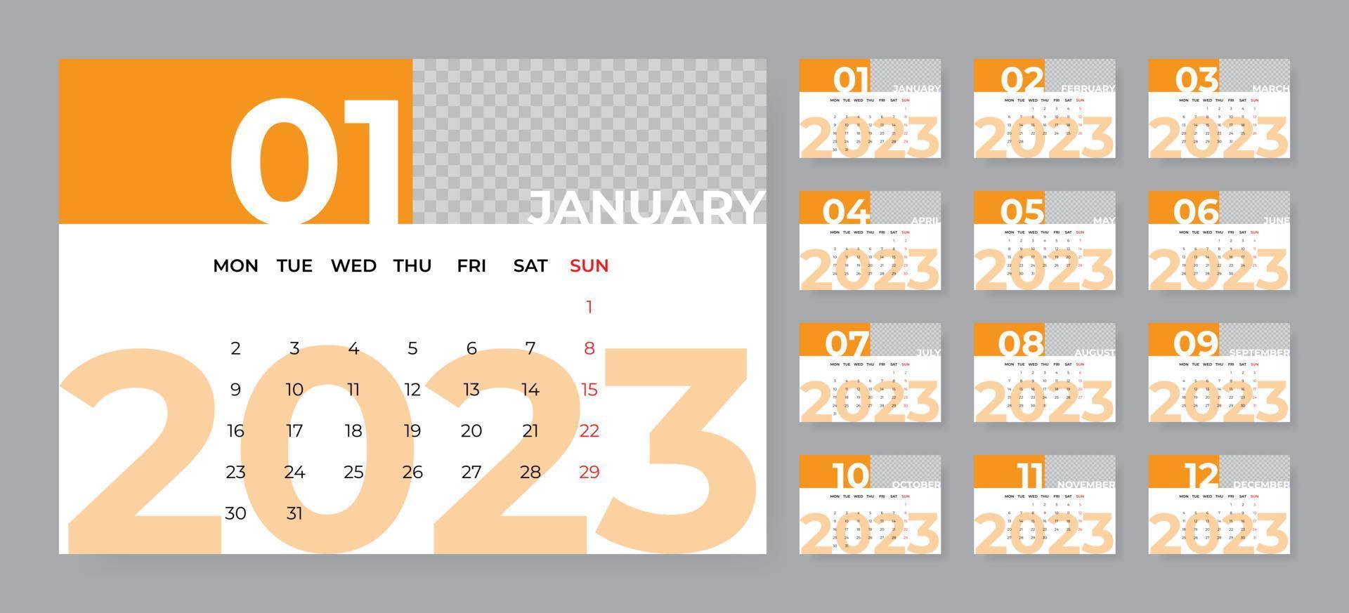 modelo de calendário de mesa mensal para o ano de 2023. semana começa na segunda vetor