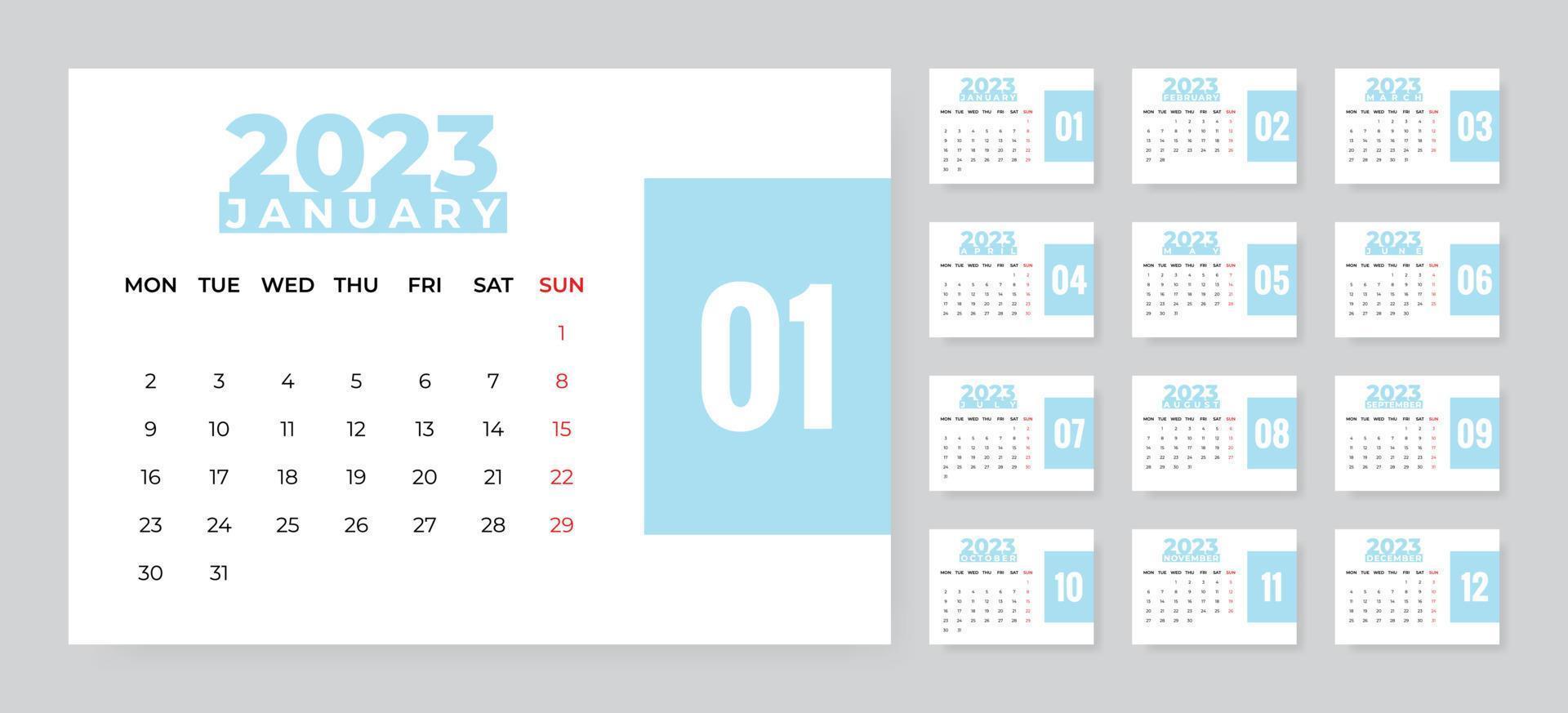 modelo de calendário de mesa mensal para o ano de 2023. semana começa na segunda vetor