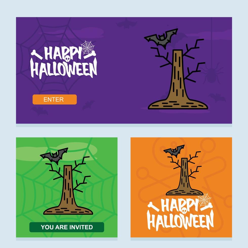 design de convite de feliz dia das bruxas com vetor de árvore e morcego