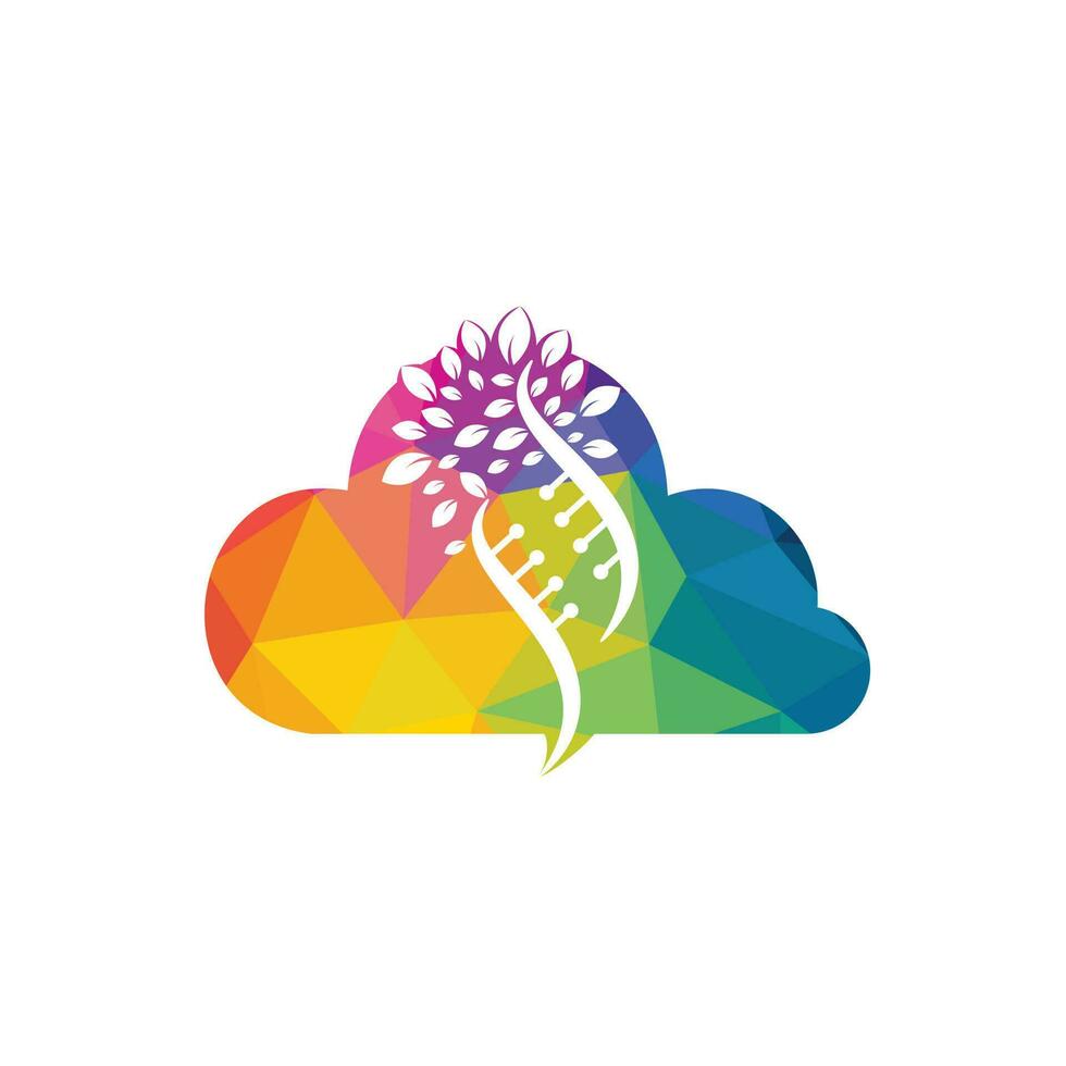 árvore de DNA e design de logotipo de vetor de forma de nuvem. ícone genético e nuvem de dna. dna com design de logotipo de vetor de folhas verdes.