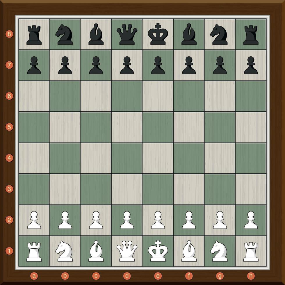 tabuleiro de xadrez de madeira com quadrados brancos e verdes com as peças brancas e pretas dispostas no início do jogo vetor