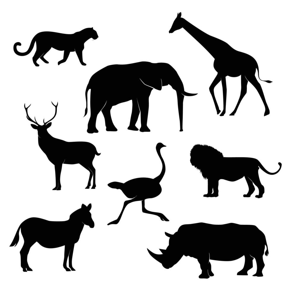 conjunto de silhuetas de animais africanos. girafa, elefante, leopardo, veado, rinoceronte, avestruz, zebra, leão. ilustração vetorial. vetor