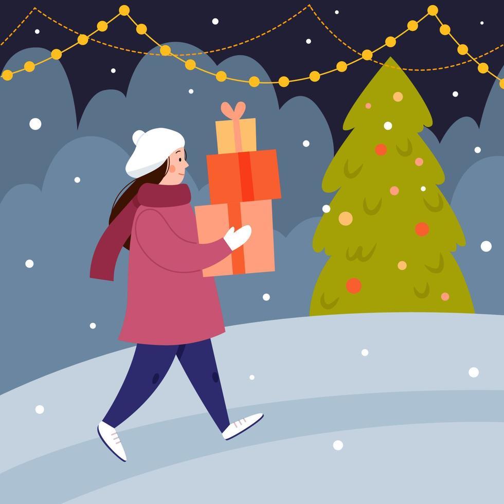 a garota carrega presentes para o natal. uma mulher caminha com presentes nas mãos. cena de natal de inverno com árvore de natal e presentes. vetor