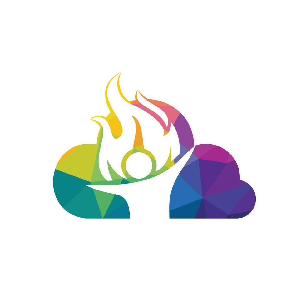 design de logotipo de vetor de bombeiro e nuvem. logotipo de personagem de chama vermelha. combinação de logotipo vetorial de um homem e fogo.