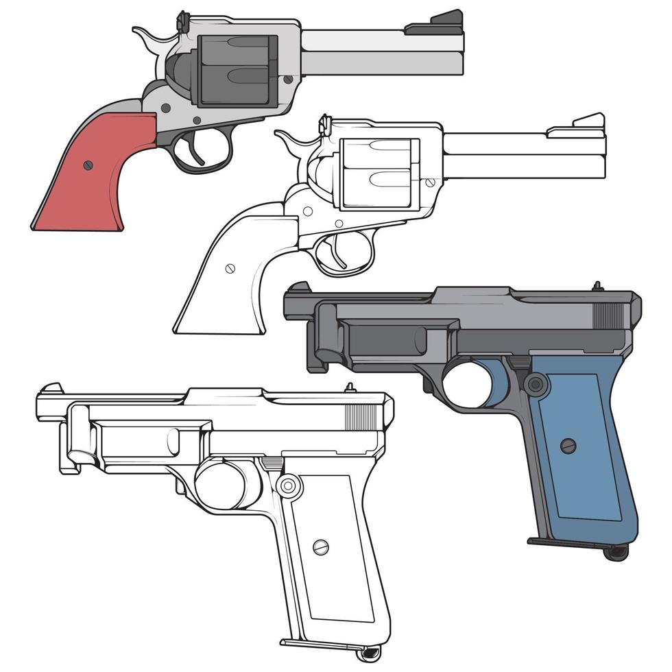 conjunto de estilo vetorial de armas de fogo militares ou policiais, arma de tiro, ilustração de armas, linha vetorial, para treinamento vetor