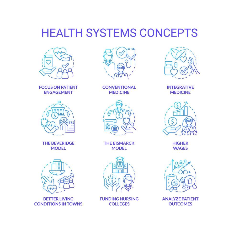 conjunto de ícones de conceito gradiente azul de sistemas de saúde. ilustrações de cores de linha fina de ideia de transformação de saúde. medicina integrativa. símbolos isolados. vetor