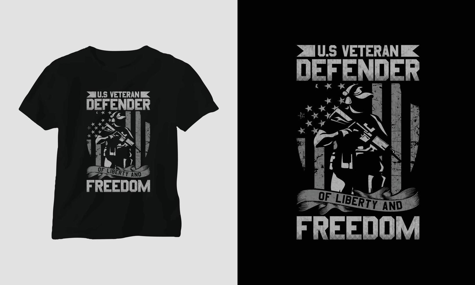 design de t-shirt do dia do veterano com o soldado, bandeira, armas e crânio. estilo vintage com efeito grunge vetor