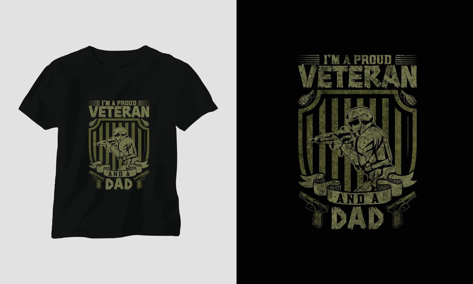 design de t-shirt do dia do veterano com o soldado, bandeira, armas e crânio. estilo vintage com efeito grunge vetor