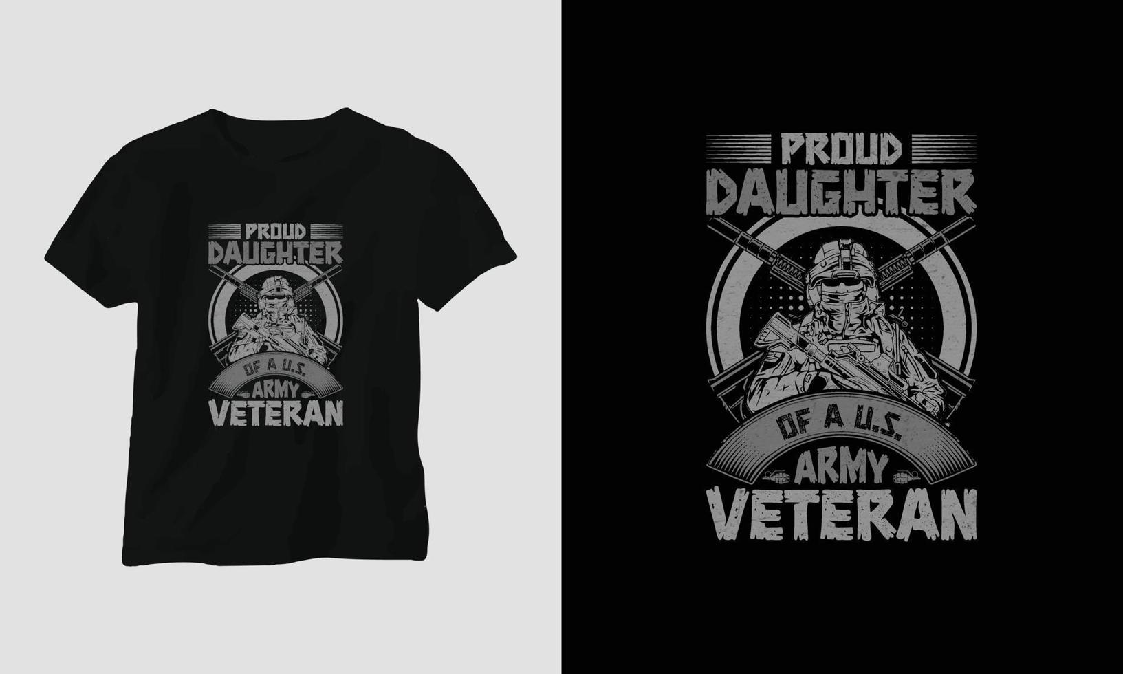 design de t-shirt do dia do veterano com o soldado, bandeira, armas e crânio. estilo vintage com efeito grunge vetor