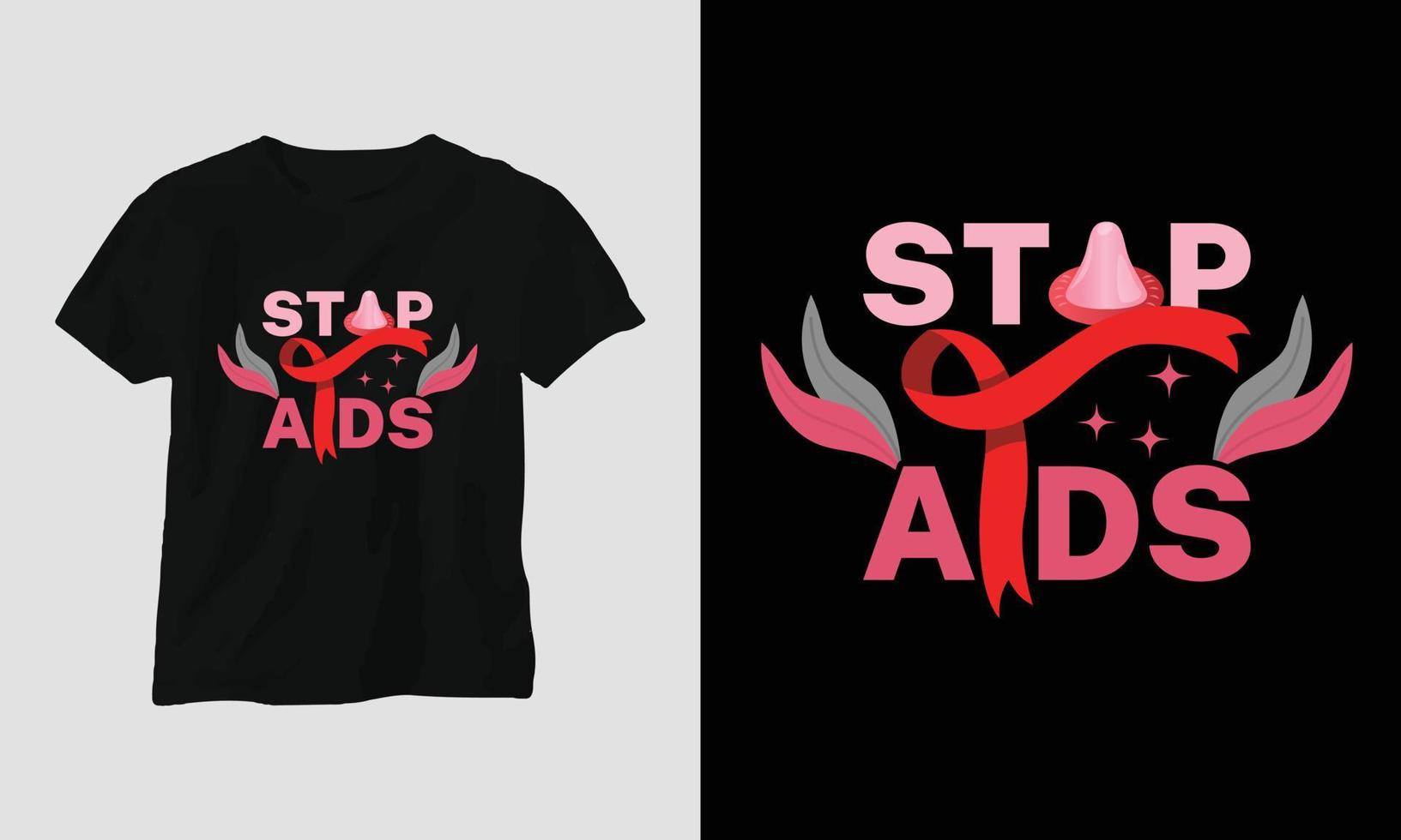 design de camiseta do dia mundial da aids com cores vermelhas e rosa e fita de sinal de aids, preservativo vetor