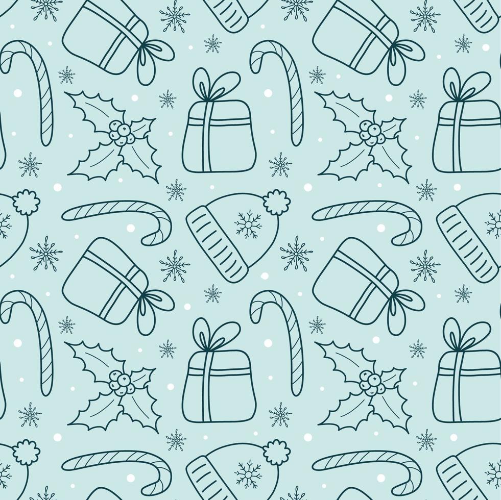 Natal doodle sem costura padrão com flocos de neve, caixa de presente, azevinho, chapéu, pirulito. fundo azul de inverno para um papel de embrulho, papel de parede, papel de parede, scrapbooking. ilustração desenhada à mão. vetor