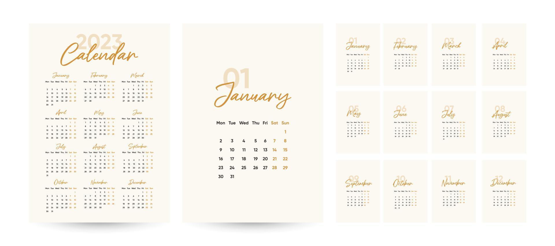 modelo de calendário mensal 2023 em estilo minimalista moderno, conceito de capa, conjunto de calendário de mesa de 12 páginas, design de planejador de calendário mínimo 2023 para modelo de impressão vetor