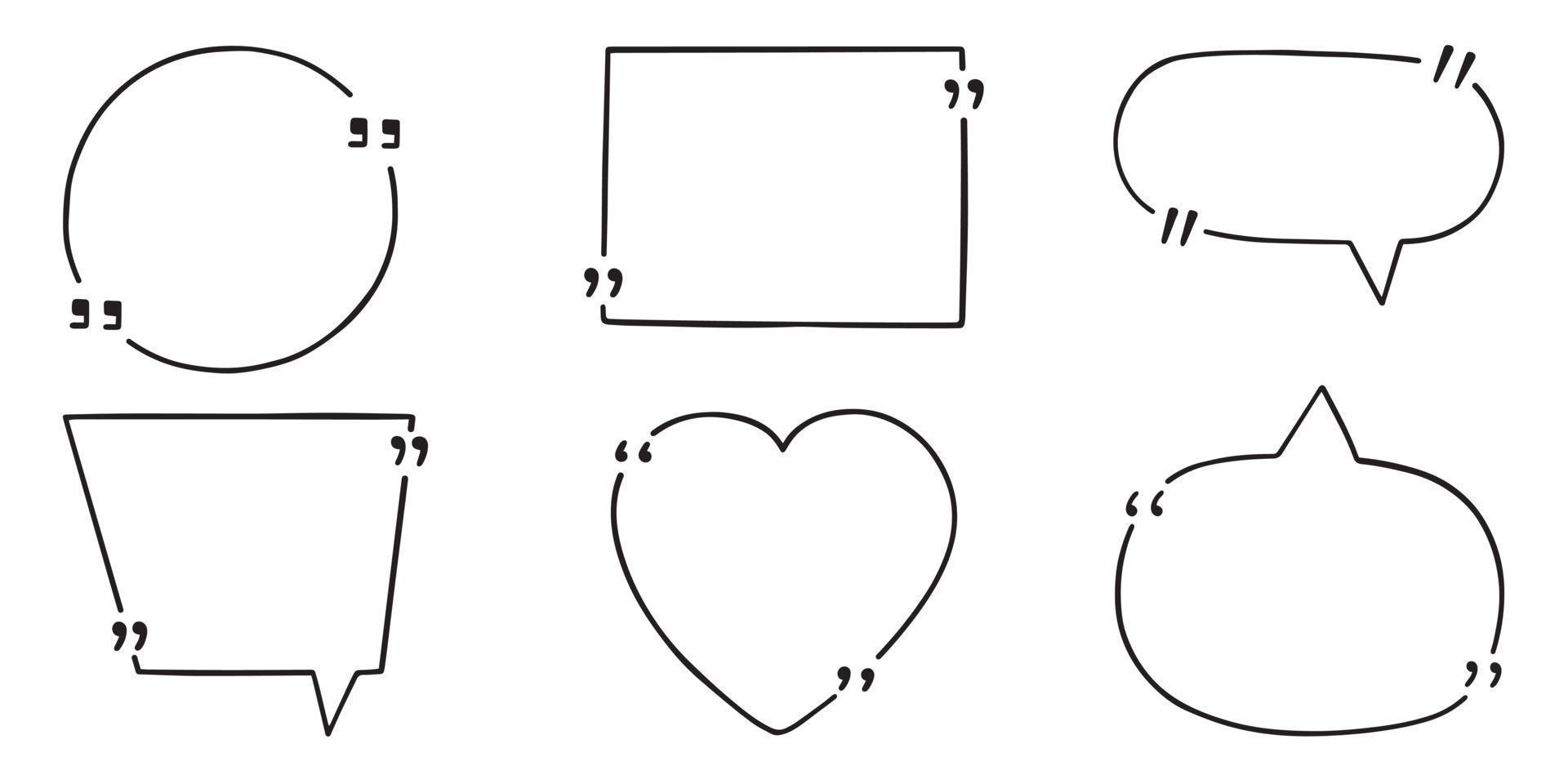 conjunto de doodle de caixa de citação. bolha do discurso com aspas no estilo de desenho. ilustração vetorial desenhada à mão isolada no fundo branco vetor