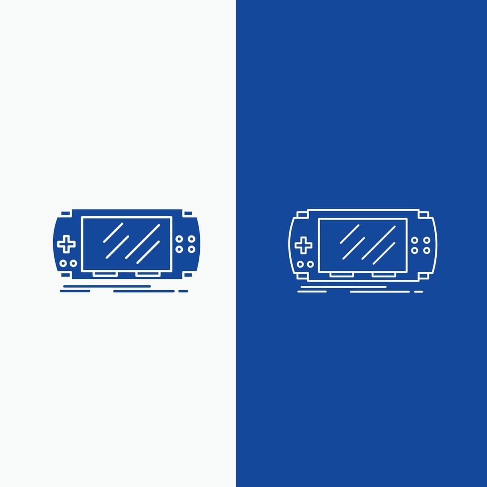 console. dispositivo. jogos. jogos. linha psp e botão web glifo em banner vertical de cor azul para ui e ux. site ou aplicativo móvel vetor