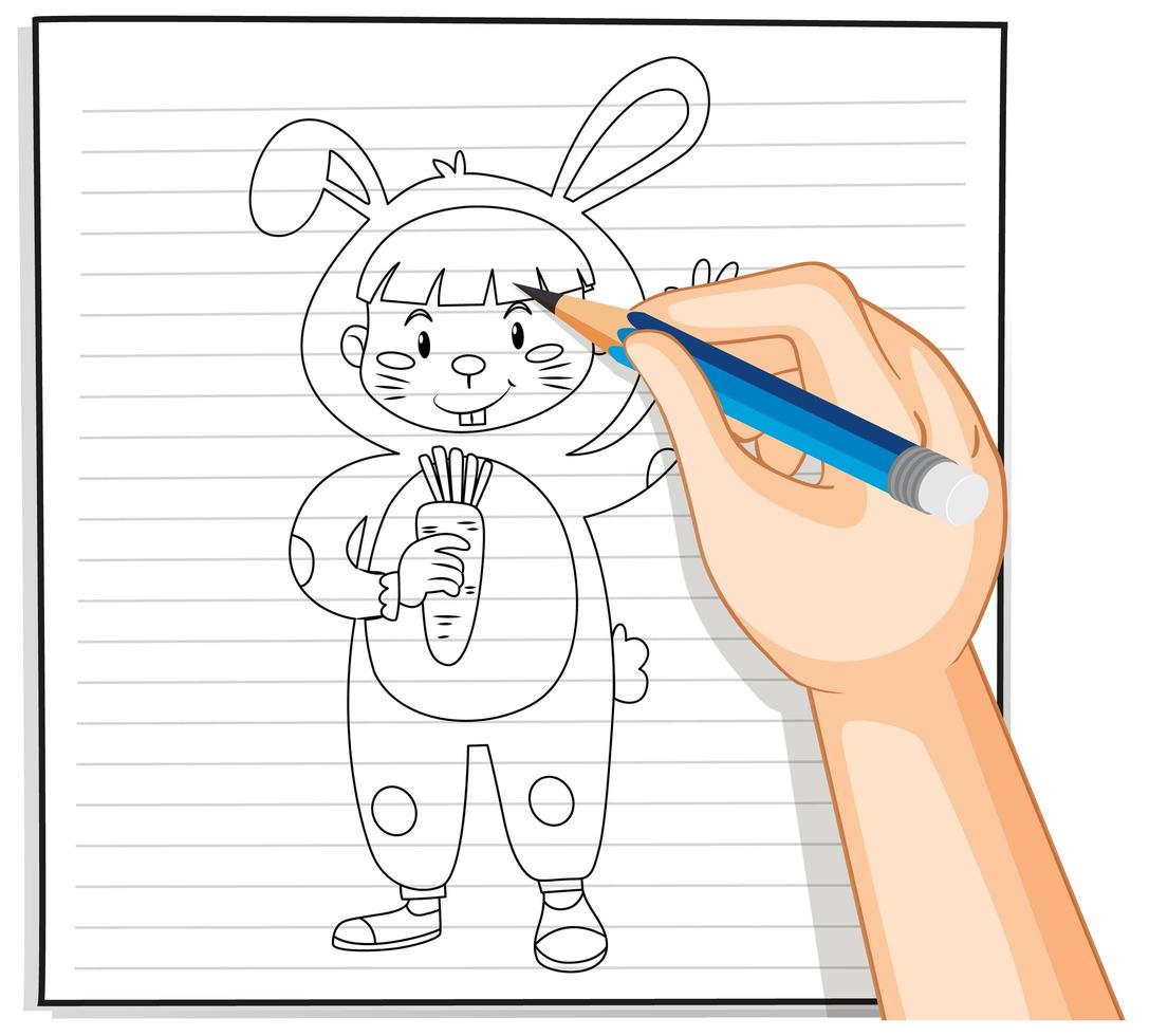 doodle de uma criança em uma fantasia de coelho vetor