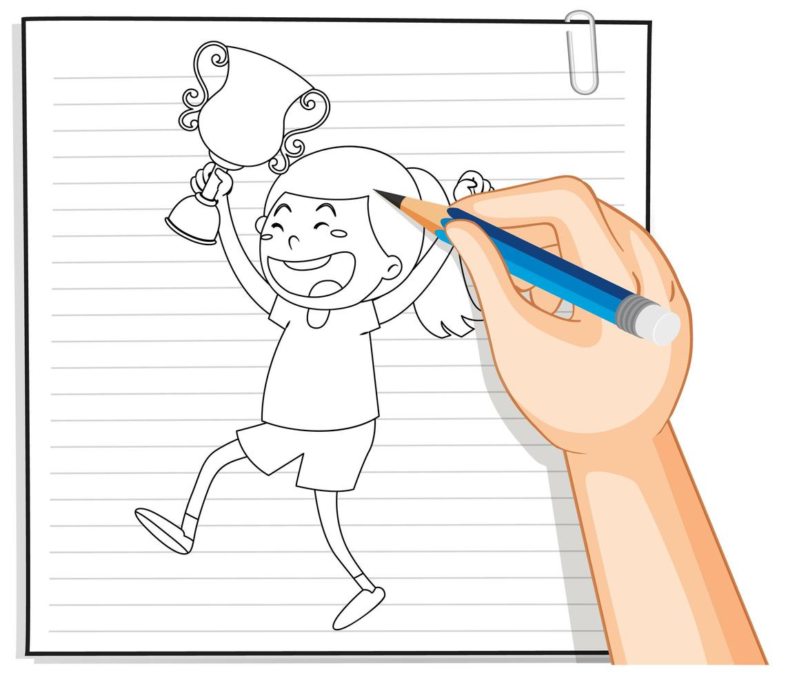doodle de uma garota segurando um troféu vetor