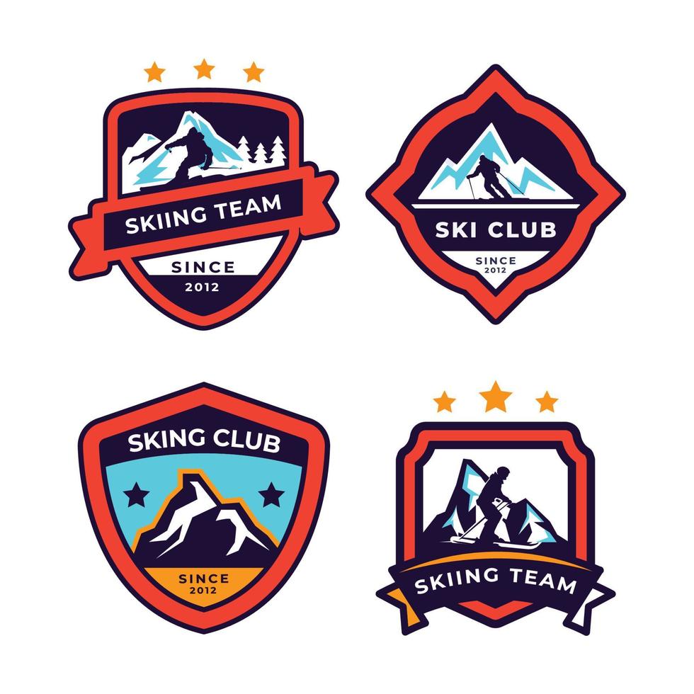 conjunto de patrulha de esqui, estância de esqui, emblemas de montanha de gelo e patches de logotipo. logotipo de esportes radicais de férias de inverno. vetor
