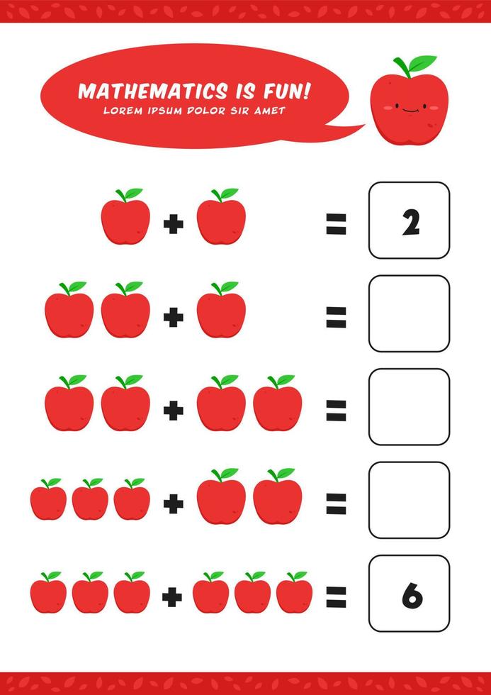 matemática de adição pré-escolar aprende modelo de atividade de planilha com ilustração de maçã fofa para crianças vetor