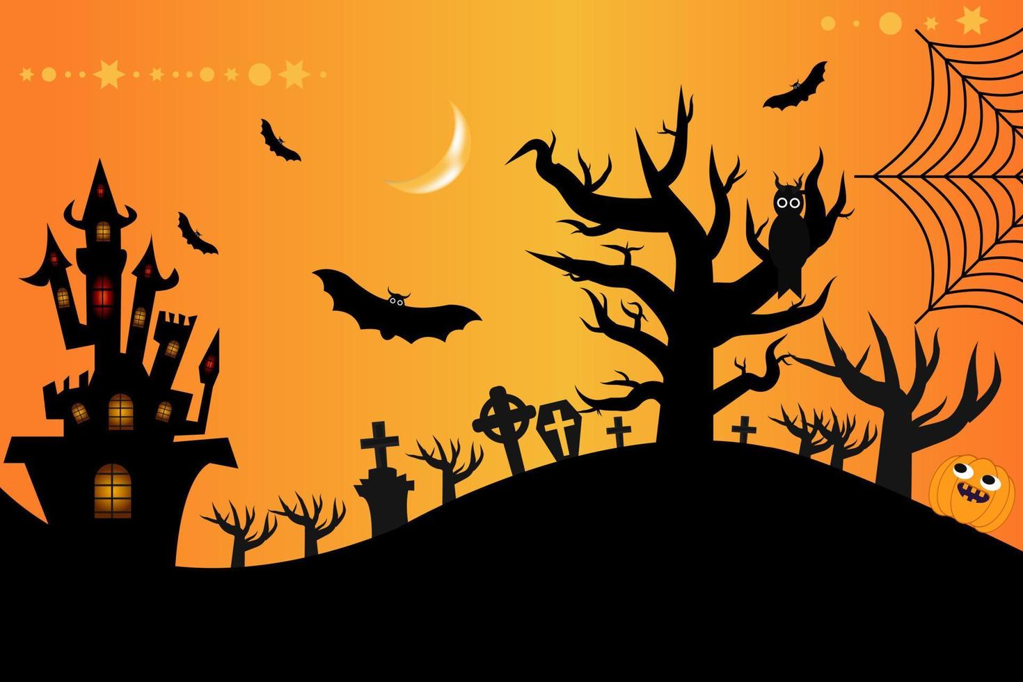 copyspace de fundo de halloween, cemitério de lápide de paisagem misteriosa, casa de bruxa dos desenhos animados, casa assombrada, abóboras coruja e cena dos desenhos animados de horor bats.spooky. vetor