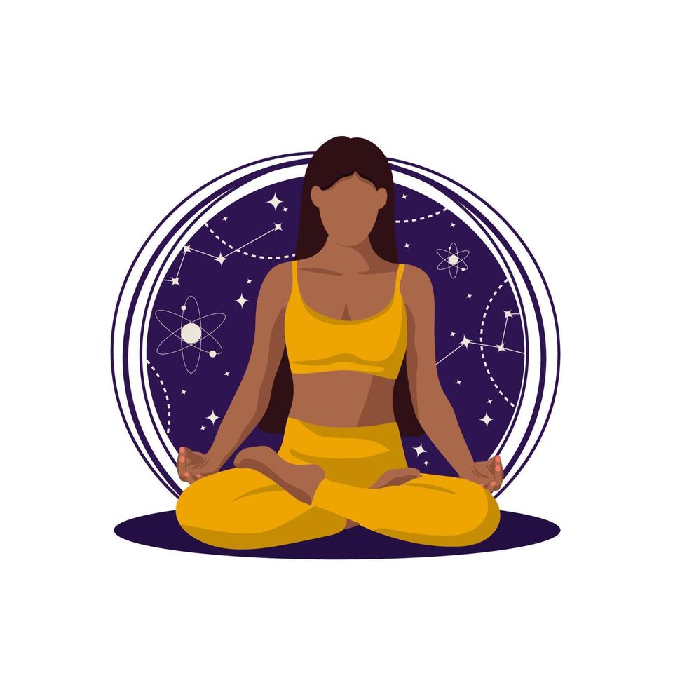 garota de pele escura com cabelo comprido fazendo ioga em um fundo cósmico. pose de lótus de ioga. vetor