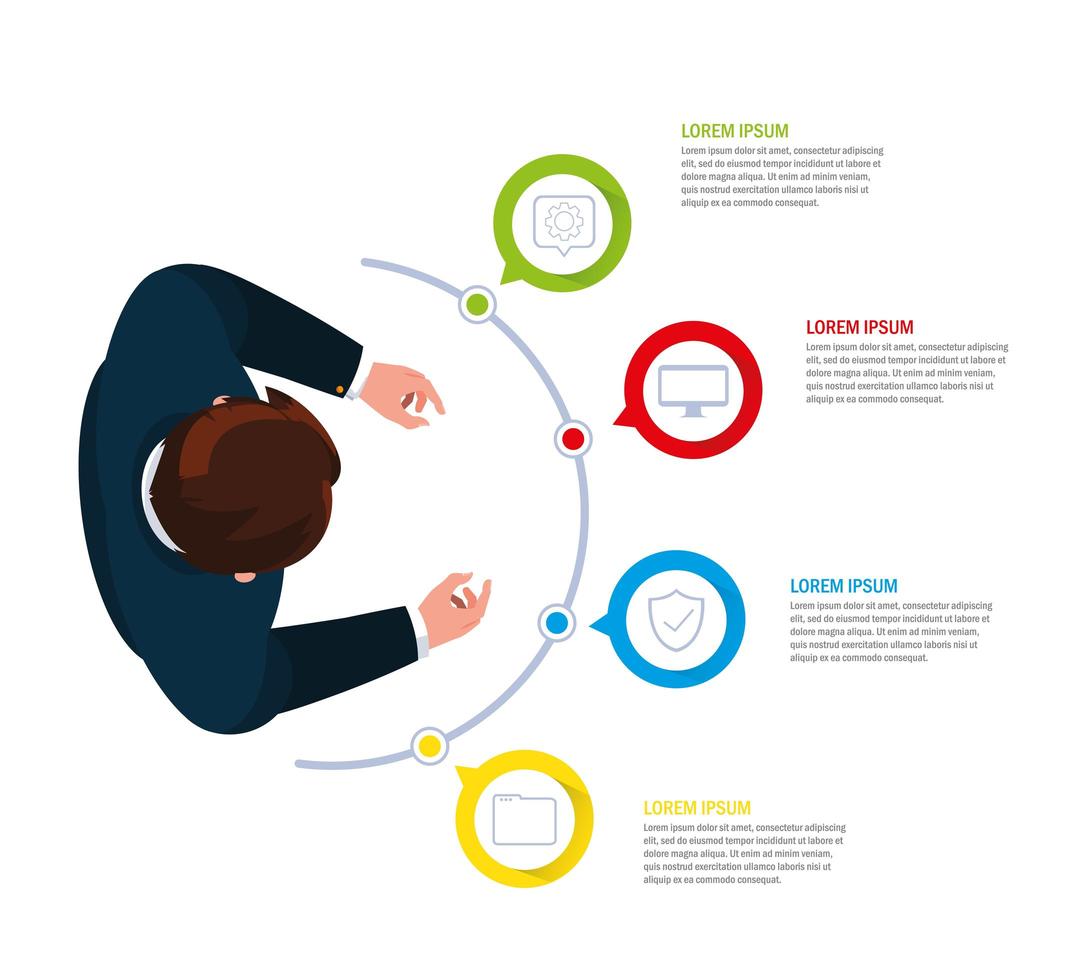 empresário com infográfico e ícones de negócios vetor