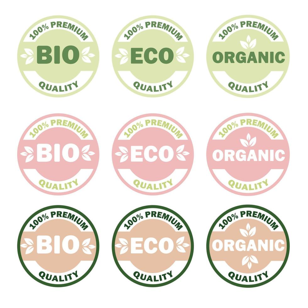 conjunto de eco, bio, adesivo de produtos orgânicos, etiqueta, crachá e logotipo. qualidade premium. distintivo ecológico. modelo de logotipo para produtos orgânicos e ecológicos. vetor