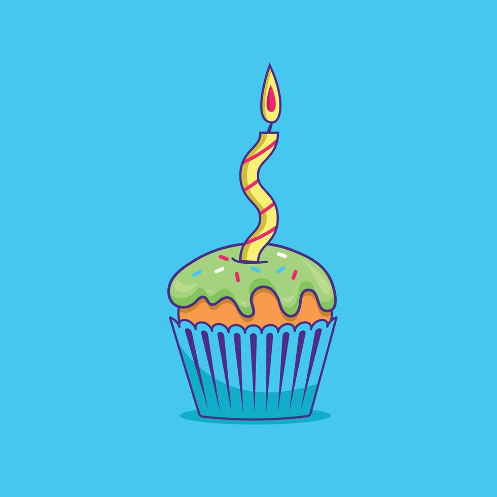 cupcake colorido brilhante com uma vela em um fundo azul vetor