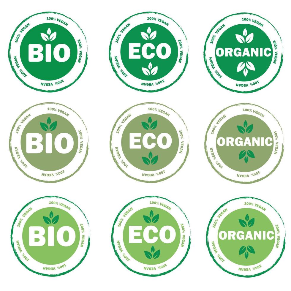 eco, bio, adesivo de produtos orgânicos, etiqueta, crachá e logotipo. vegano. distintivo ecológico. modelo de logotipo para produtos orgânicos e ecológicos. vetor