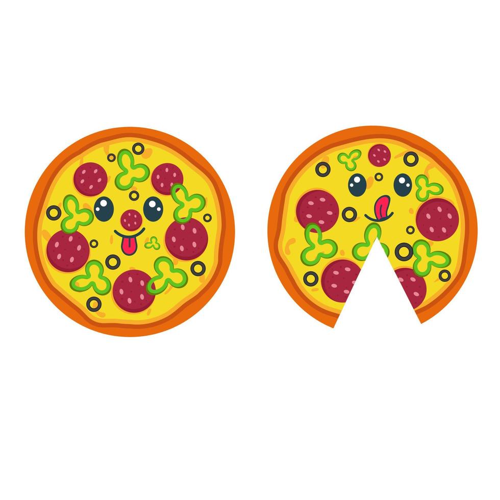 pizza inteira kawaii com salame. ilustração de fast-food vetor