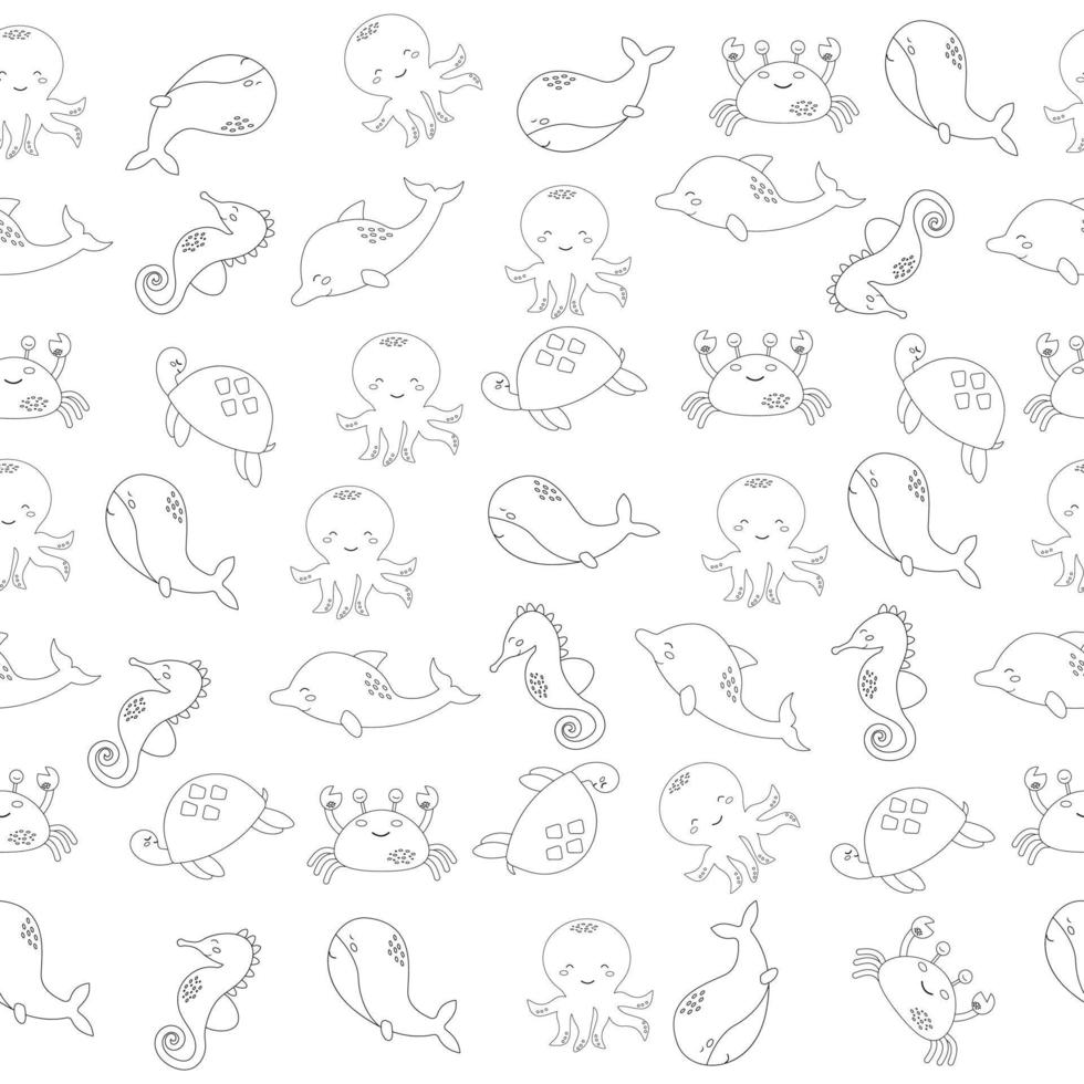 contorno de estilo de animais marinhos padrão infantil sem costura. ilustração vetorial vetor