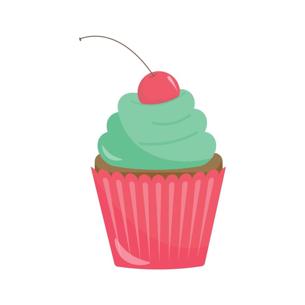 cupcake colorido festivo com creme verde e cerejas vetor