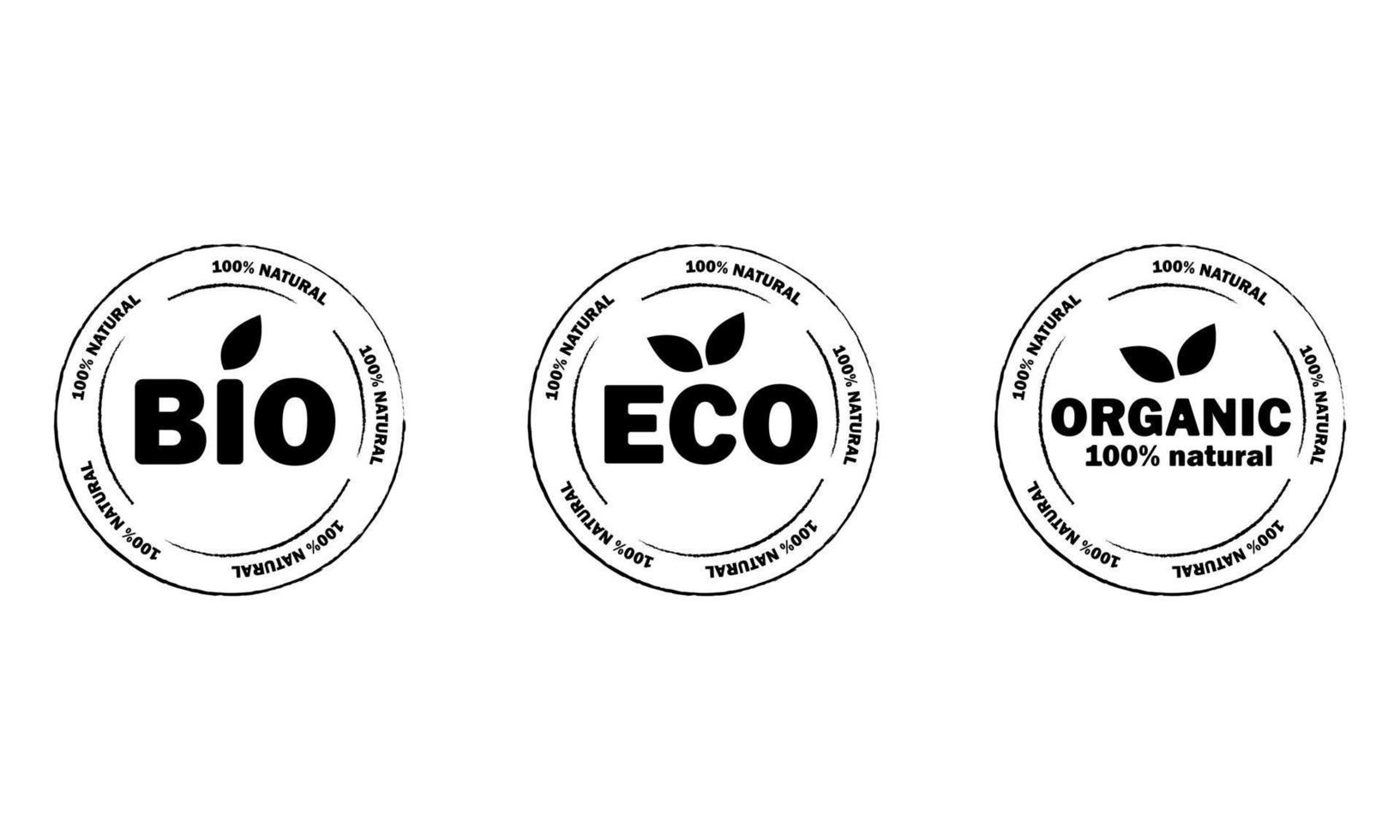 conjunto de eco preto e branco, bio, adesivo de produtos orgânicos, etiqueta, crachá e logotipo. distintivo de ecologia. modelo de logotipo para produtos orgânicos e orgânicos. ilustração vetorial. vetor