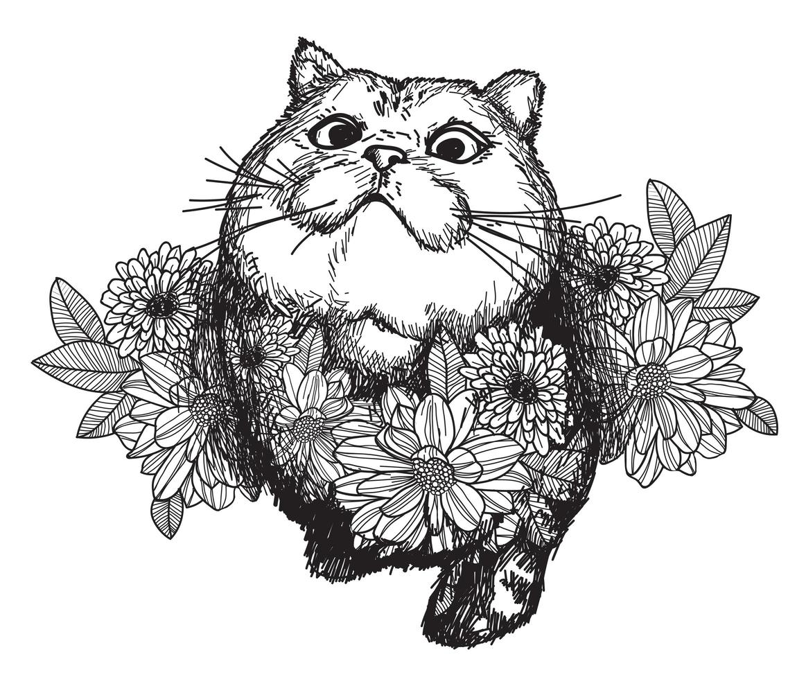 tatuagem arte gato e flor vetor