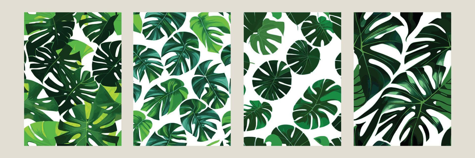 monstera verde como um padrão em um fundo branco. padrão exótico com folhas tropicais. ilustração vetorial. conjunto de cartazes quadrados vetor