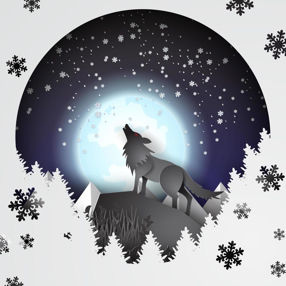 papel arte lobo na montanha com neve e lua cheia no inverno vetor