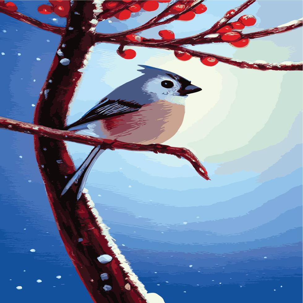 vetor realista ilustração vetorial detalhada ramos de pássaros de inverno. elementos de design de inverno natal, feriados. ramo sentado. fundo de inverno. galho de árvore sem folhas com pássaros voando.