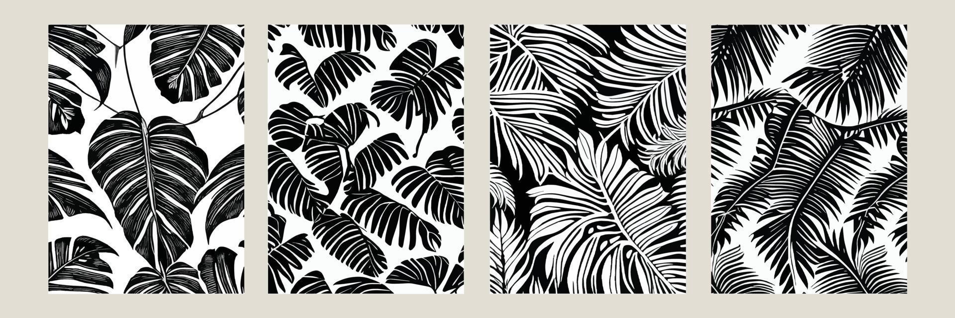 definir folhas exóticas sem costura padrão preto branco. fundo decorativo elegante vetor abstrato. folhas de palmeira tropical, padrão floral de vetor sem costura de folha de selva. papel de parede estilo tropical grunge.