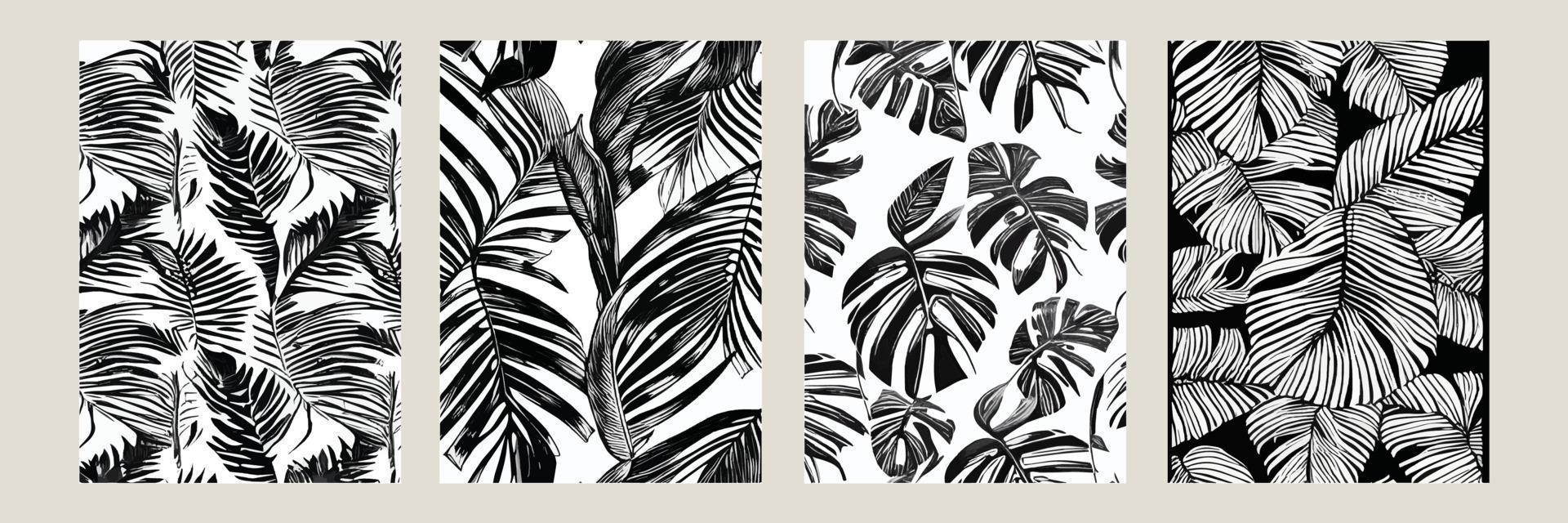 definir folhas exóticas sem costura padrão preto branco. fundo decorativo elegante vetor abstrato. folhas de palmeira tropical, padrão floral de vetor sem costura de folha de selva. papel de parede estilo tropical grunge.