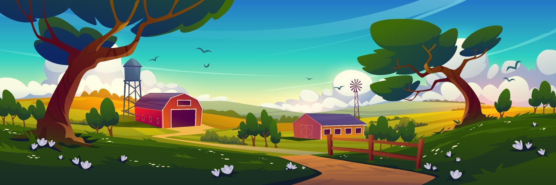 campo de verão com moinho de vento de celeiro de fazenda vetor