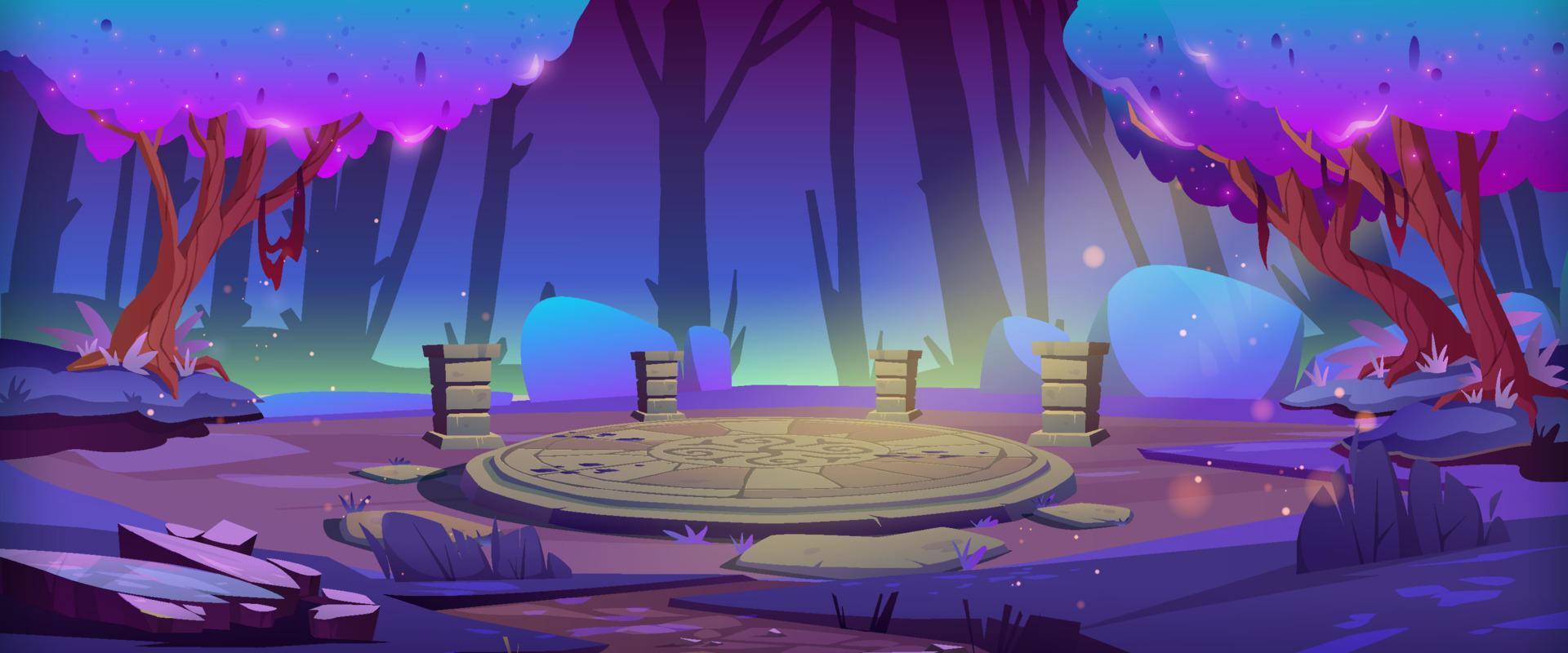 floresta mágica com altar de pedra redonda à noite vetor