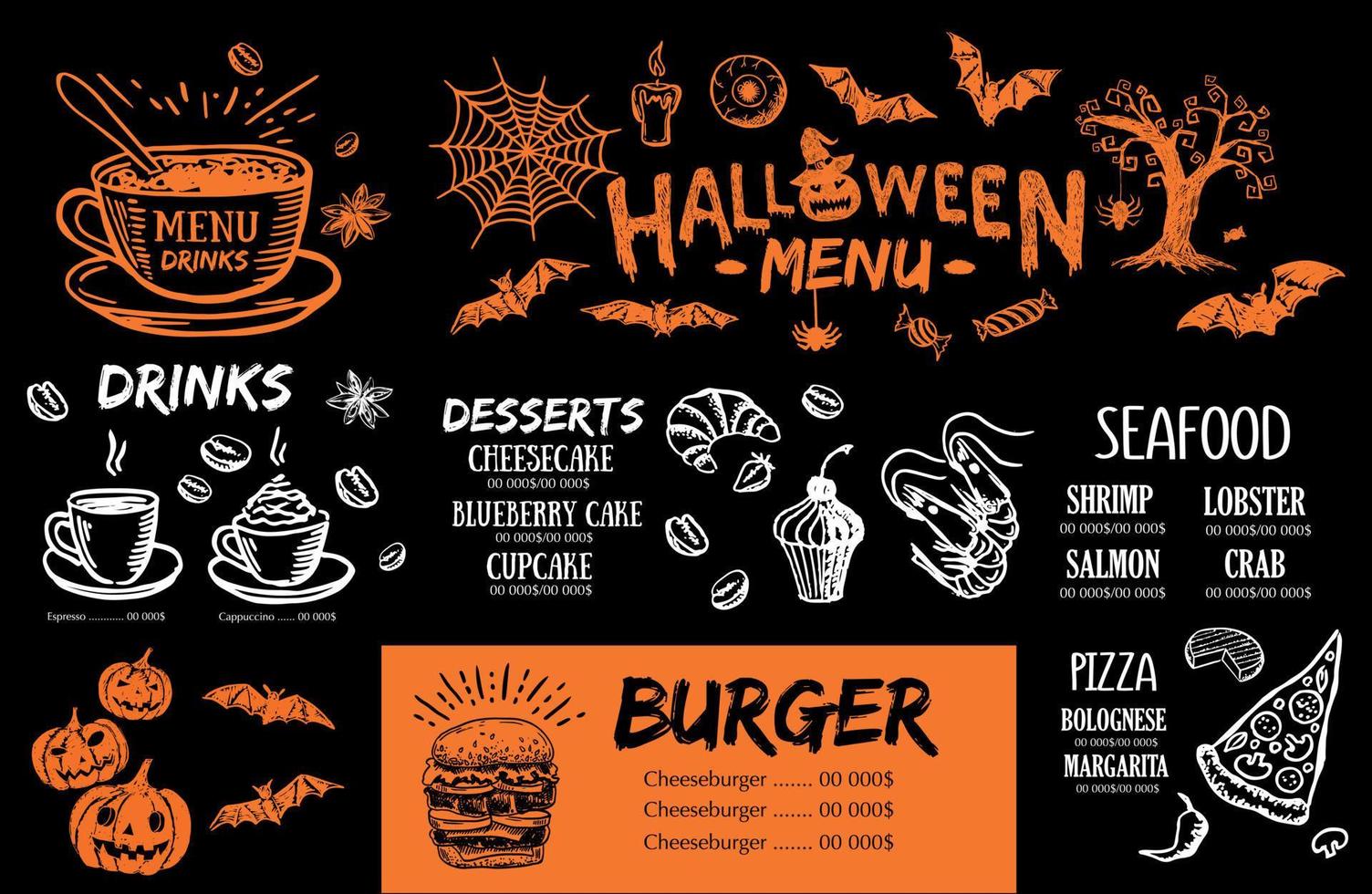 menu de café do restaurante, design de modelo, menu de halloween, folheto de comida. vetor