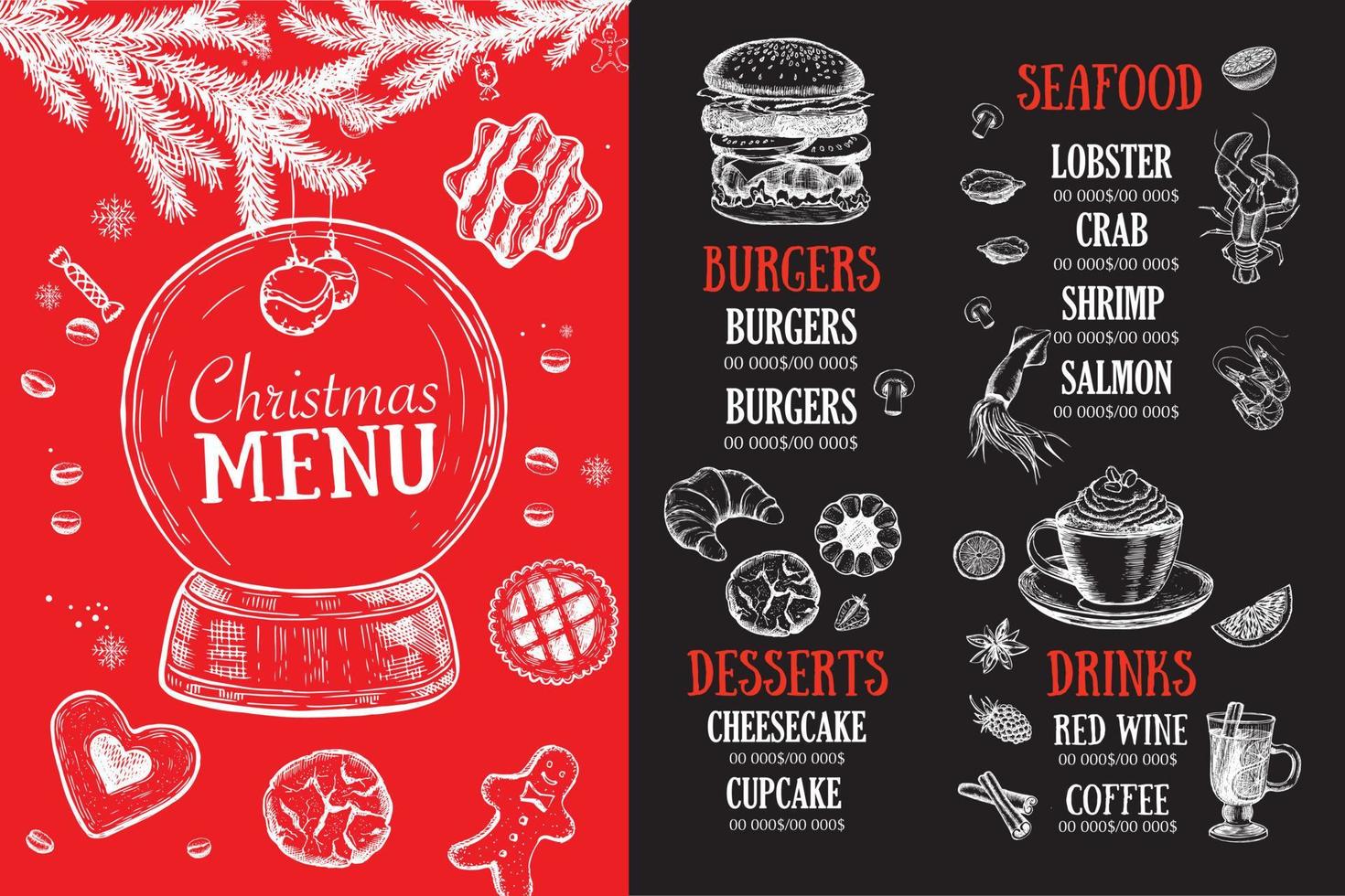 café de menu de natal. panfleto de comida. Cardápio do restaurante. design de modelo vetor