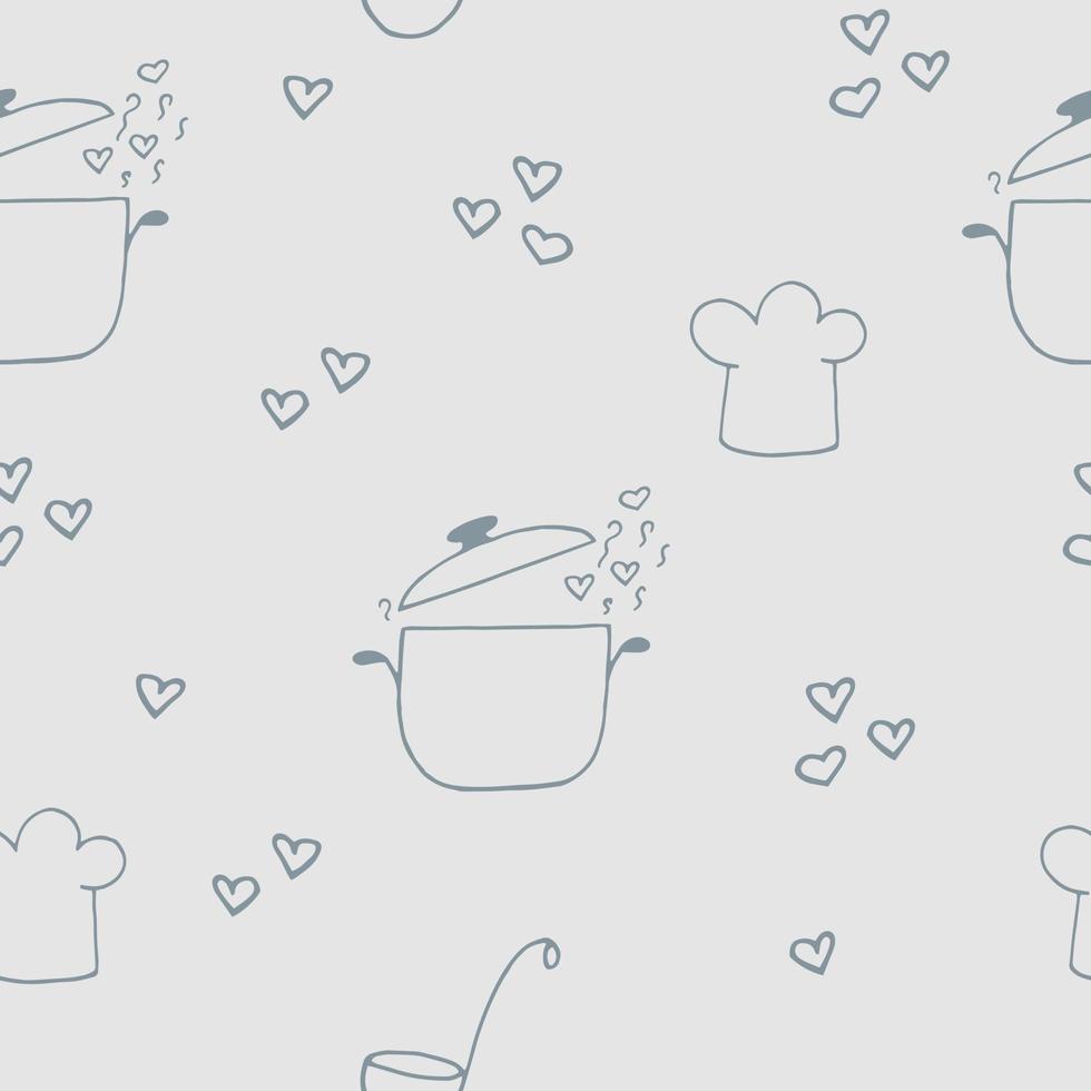 panela e vapor com corações, chapéu de chefs, concha sem costura mão desenhada no estilo doodle. papel de parede, fundo, têxtil, papel de embrulho. escandinavo, simples, minimalismo, monocromático vetor