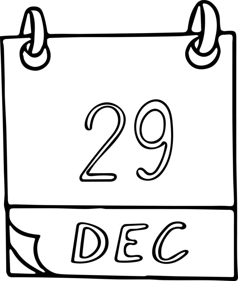 calendário desenhado à mão em estilo doodle. 29 de dezembro. dia internacional do violoncelo, data. ícone, elemento de adesivo para design. planejamento, férias de negócios vetor