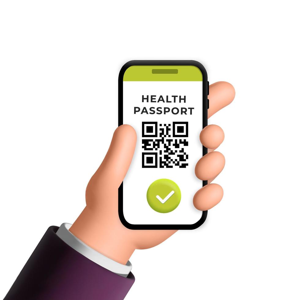 Mão de homem vetorial 3d com certificado de vacinação digital e passaporte de saúde verde aprovado no aplicativo móvel no design do smartphone vetor