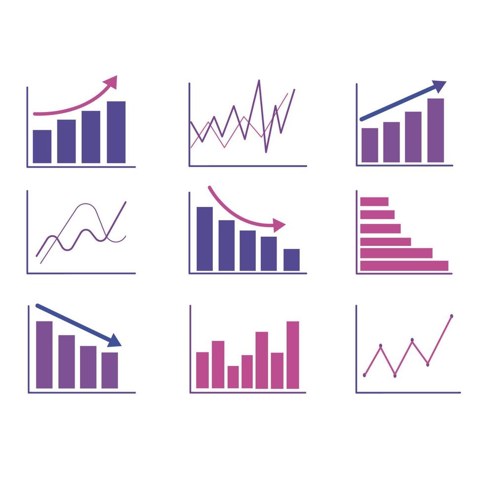 conjunto de ícones gráficos crescentes em roxo, lilás. gráfico de negócios. um gráfico de negócios com uma seta. uma coleção de gráficos de crescimento. vetor