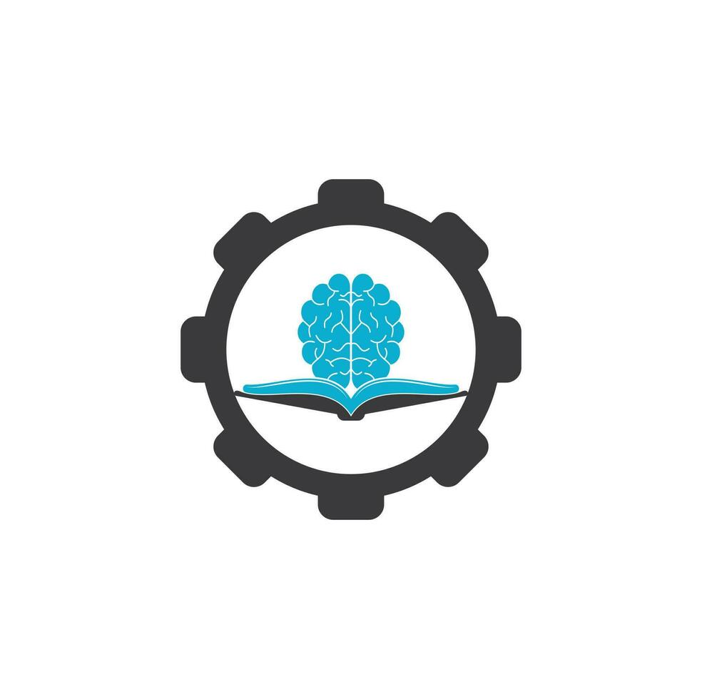 livro design de logotipo de conceito de forma de engrenagem cerebral. conceito de logotipo de combinação de livro e cérebro vetor