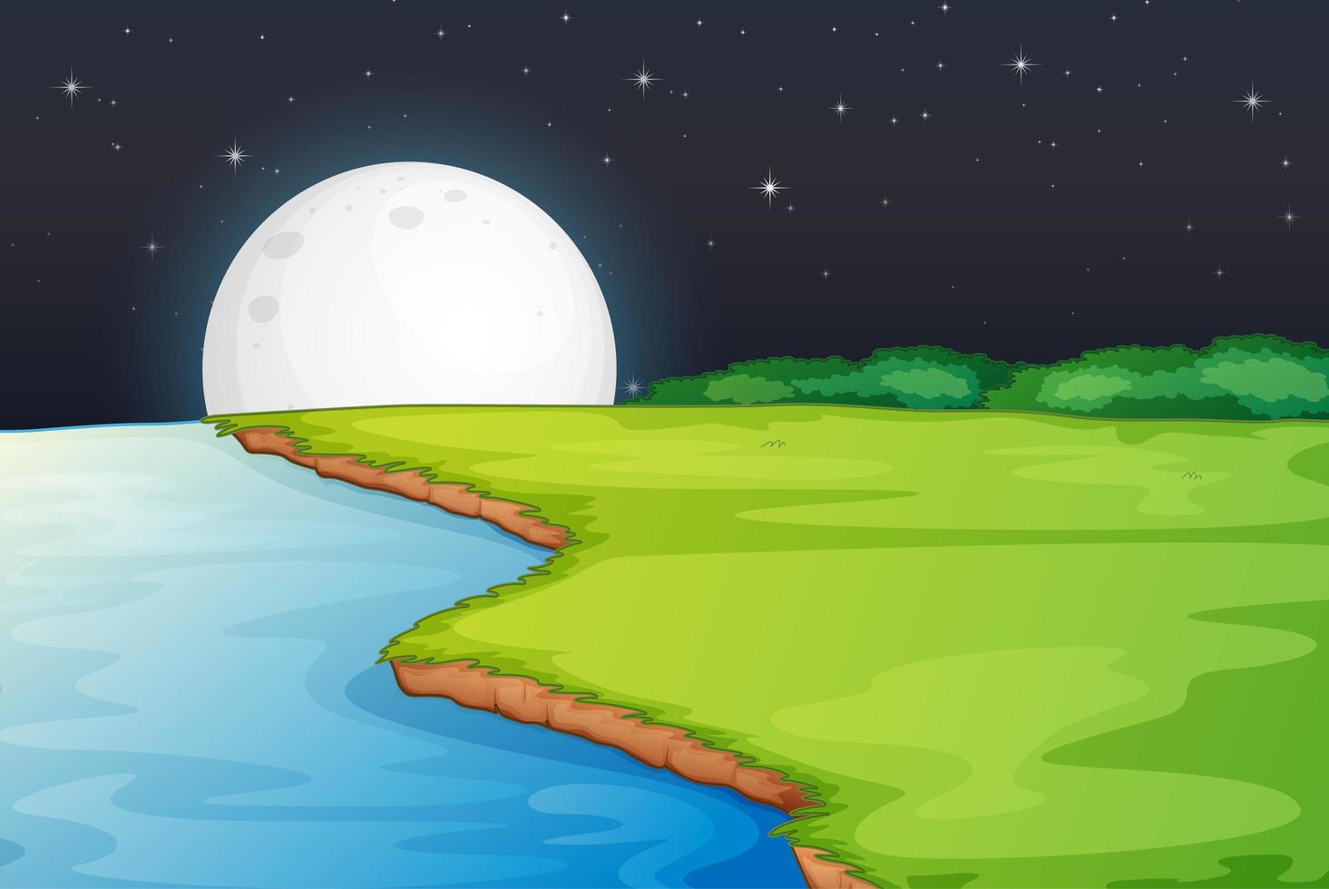 cena à beira do rio com lua grande à noite vetor